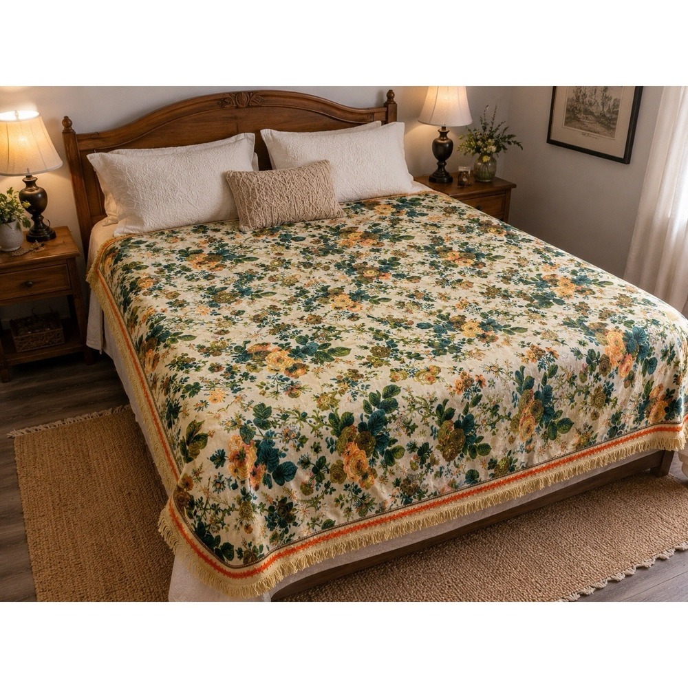 Vintage Morgan Jones Multicolor Floral Wildflower Fringe Full Size Bedspread 70s